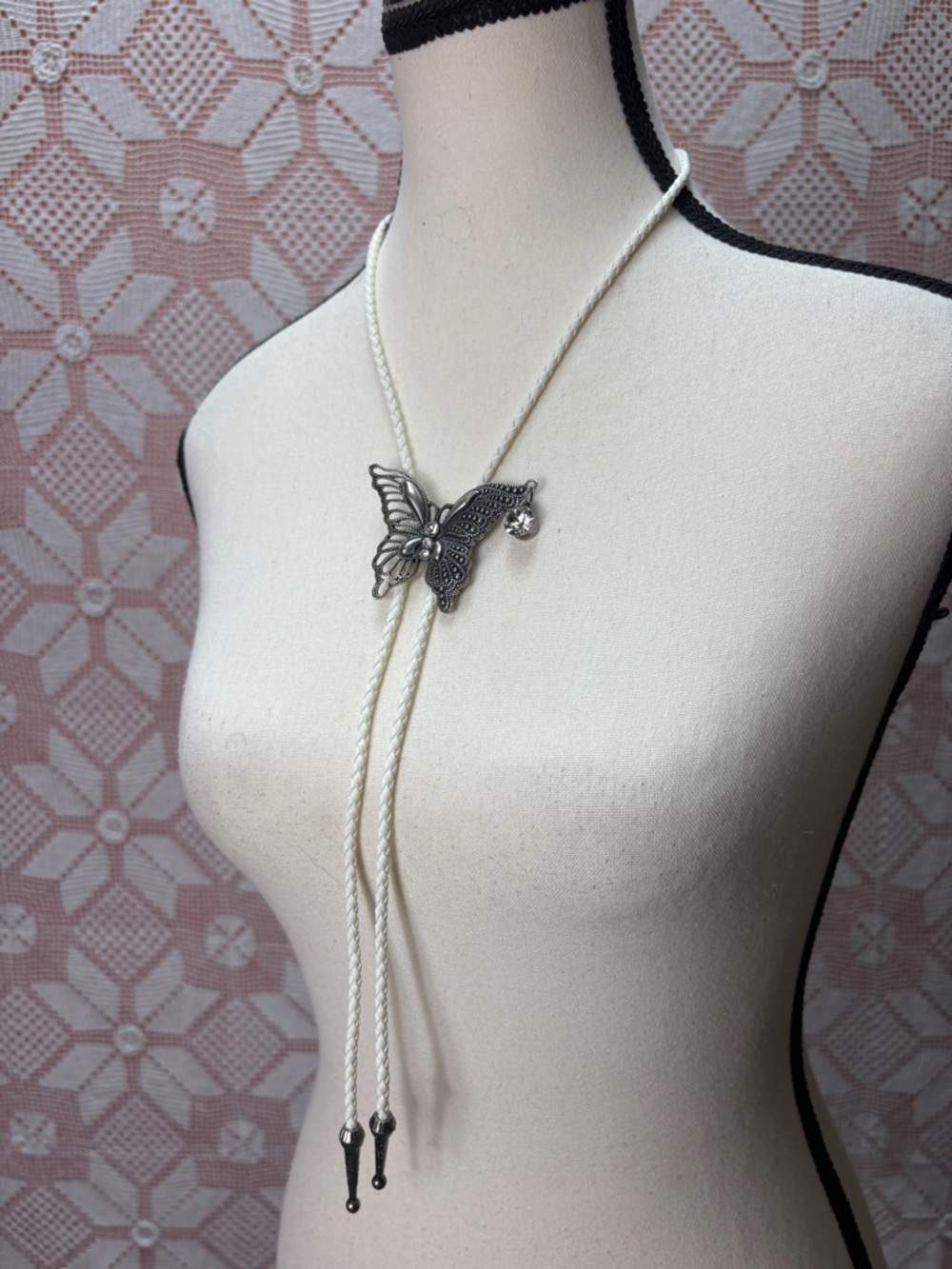 Handcrafted Butterfly Bolo Tie Necklace White Braided Cord - Picture 7 of 7